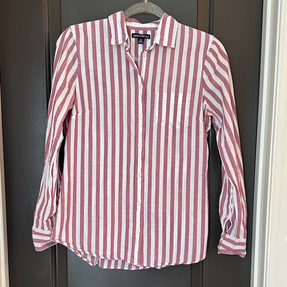 J. Crew muted burgundy and White Striped Button-Up Shirt size XS 100% cotton‎